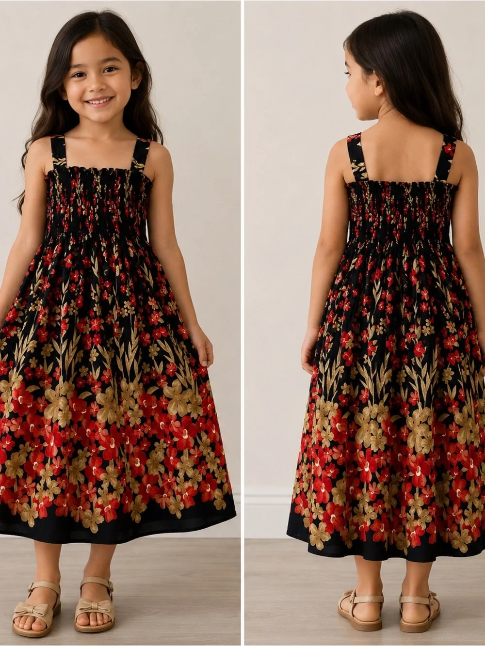 Girls Black Floral Smocked Maxi Dress with Red & Gold Flowers